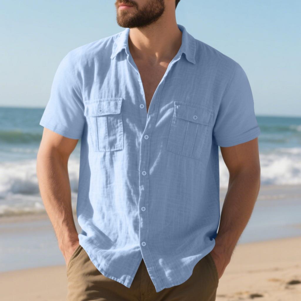 Men's Loose Fit Beach Shirt Breathable Casual Linen Short Sleeve Button Down Multi Pocket Utility Work Shirt