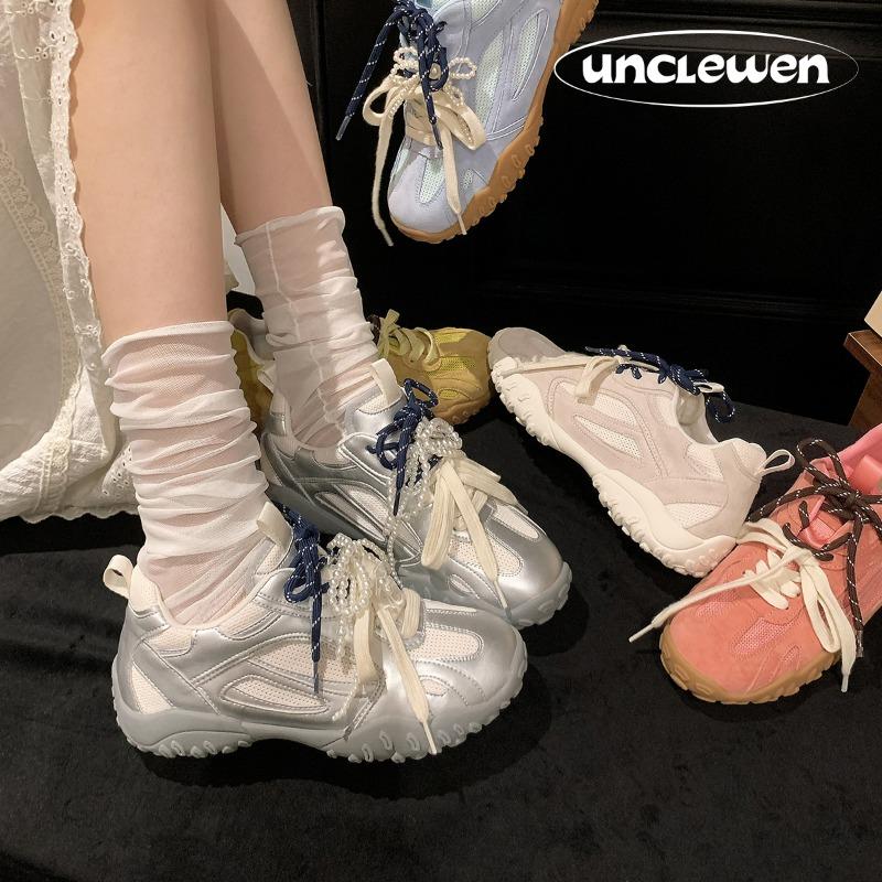 Cowhide~ Inner Height Increase of 6cm Women's Thick-soled Versatile Casual Sports Shoes Leather Breathable Pair of Shoelaces Dad Shoes