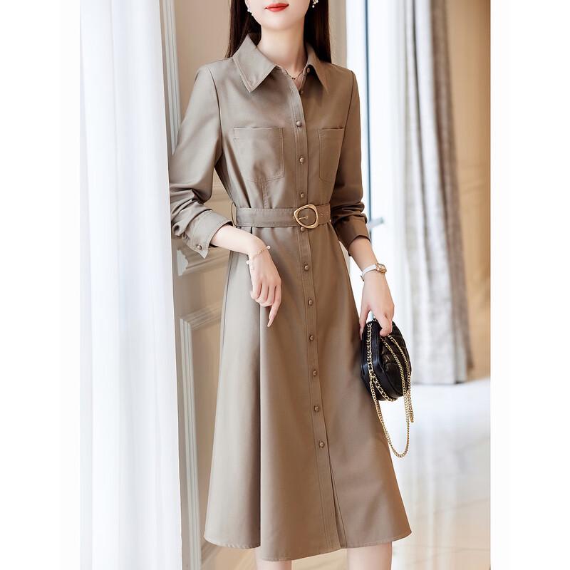 Demana Women s Maillard Style Waist-Cinching Shirt Dress S