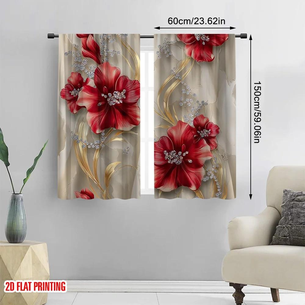 Flat Printing Drapes Red Floral Seal Digital Printed Polyester Holiday Decorations Use Event Curtain Set Of 2 Elegant Made Washable