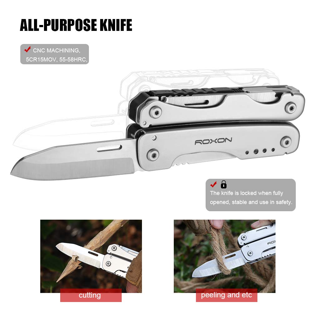 ROXON S803 Flash 16-in-1 Multitool, Multifunktionszange, Klappmesser, Multi-Zange, mit Feuerstarterstab, für Outdoor-DIY, Bergsteigen,