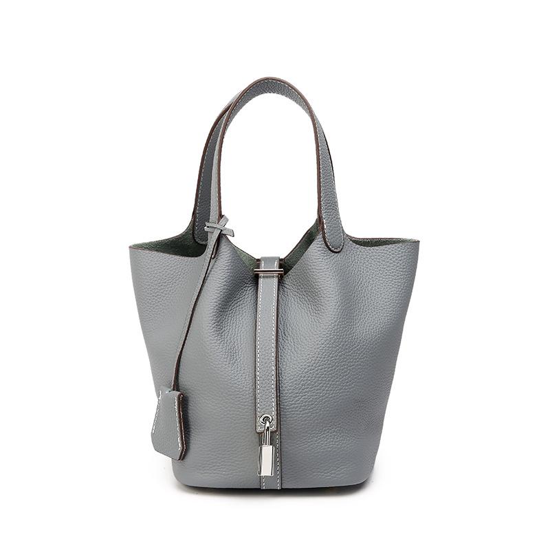 Genuine Leather Large-capacity Vegetable Basket Women's Bag High-quality and Exquisite Lychee Pattern Hand-held Bucket Bag