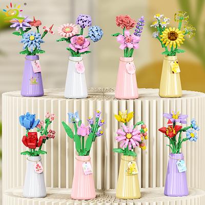 HUIQIBAO MOC Eternal Flower Bouquet with Pot Micro Building Block Sunflower Rose Mini Model Brick Toy Home Desk Decoration
