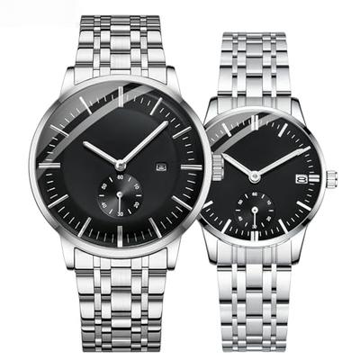 Waterproof Couple Watch for Men and Women with Stainless Steel Strap and Date Display (Black)