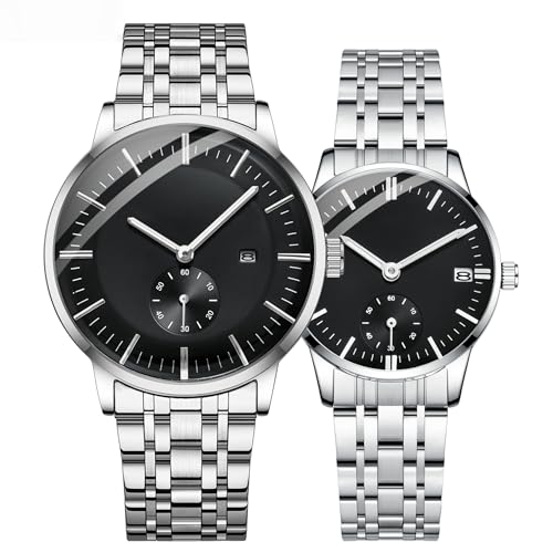 Waterproof Couple Watch for Men and Women with Stainless Steel Strap and Date Display (Black)