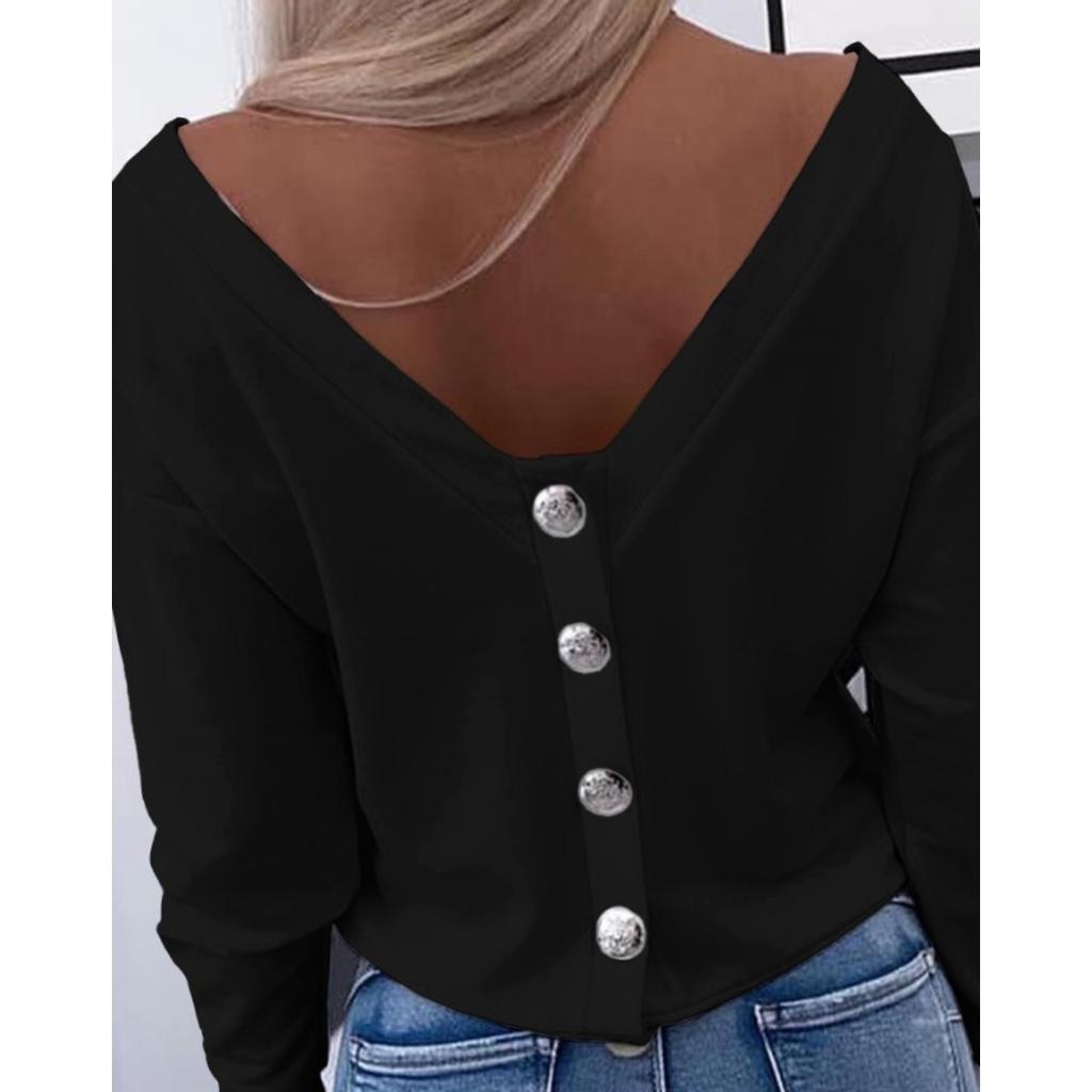 Fall Women's Long Sleeve T-shirt, Button Back Open Back Off Shoulder, Casual Fashion Top for European American Crossborder