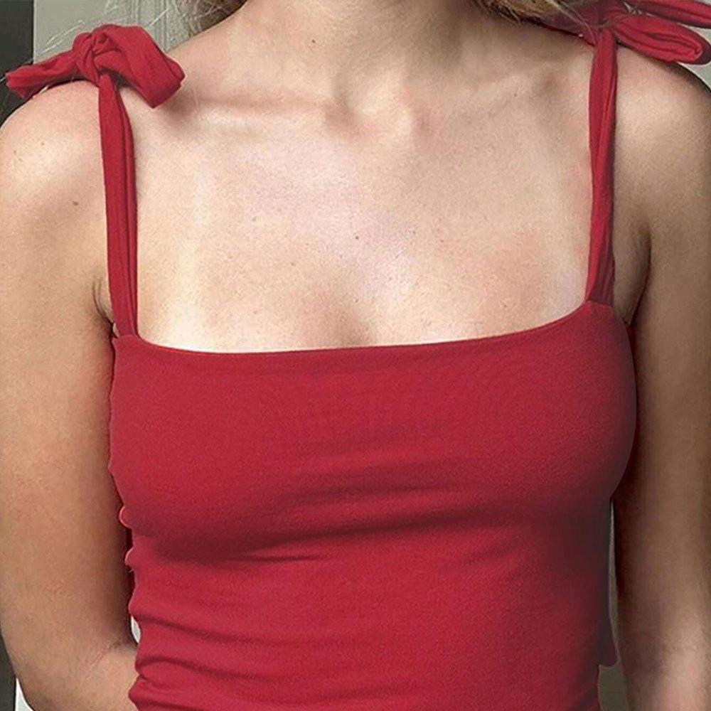 Top Básico Versátil Slimming de Verão para Mulheres com Laço de Fita e Alça Sem Costas