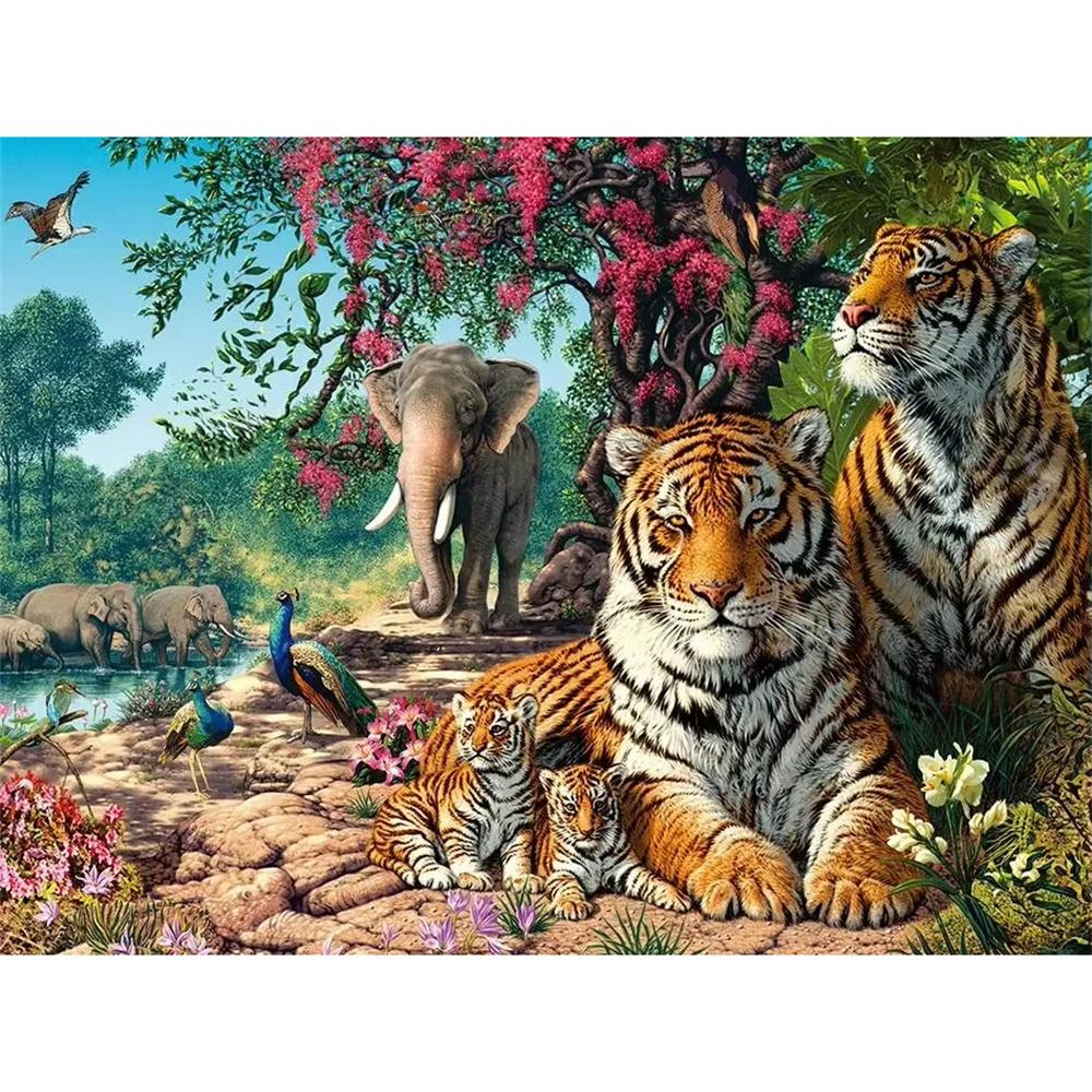 5D DIY Diamond Painting Forest Scenery and Animals Tiger Mosaic Rhinestone Embroidery Full Round Diamond Cross Stitch Home Gift