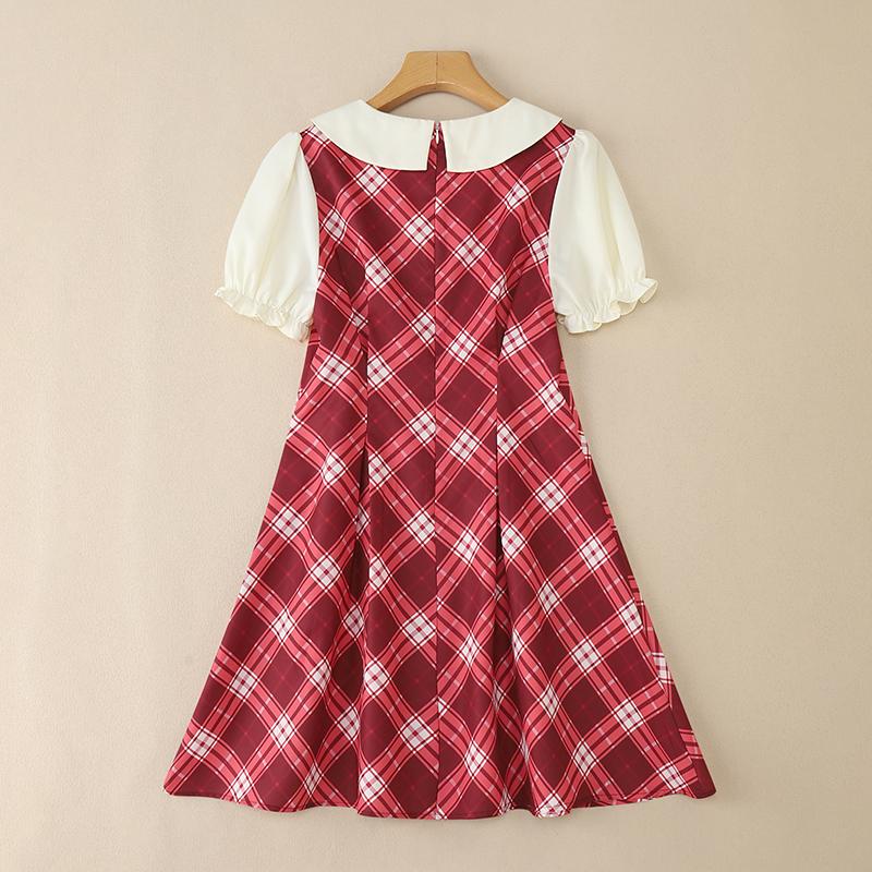 VONDA Women Elegant Puff Sleeve Stitching Neck Casual Mini Pleated Dress