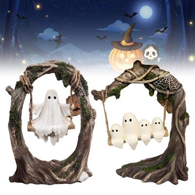 Spooky Halloween Ghost On Tree Swing Cute Resin Funny Ghost Decor Handcrafted Ghost Tree Swing Statue Halloween Party