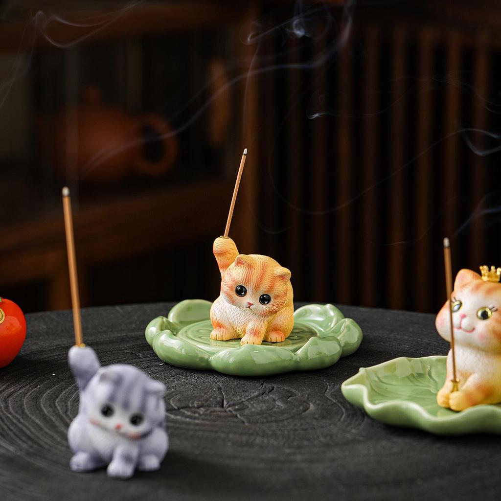 Celadon Lychee Incense Holder: Creative Small Sandalwood Burner with Kitten Ornament for Tea Table.