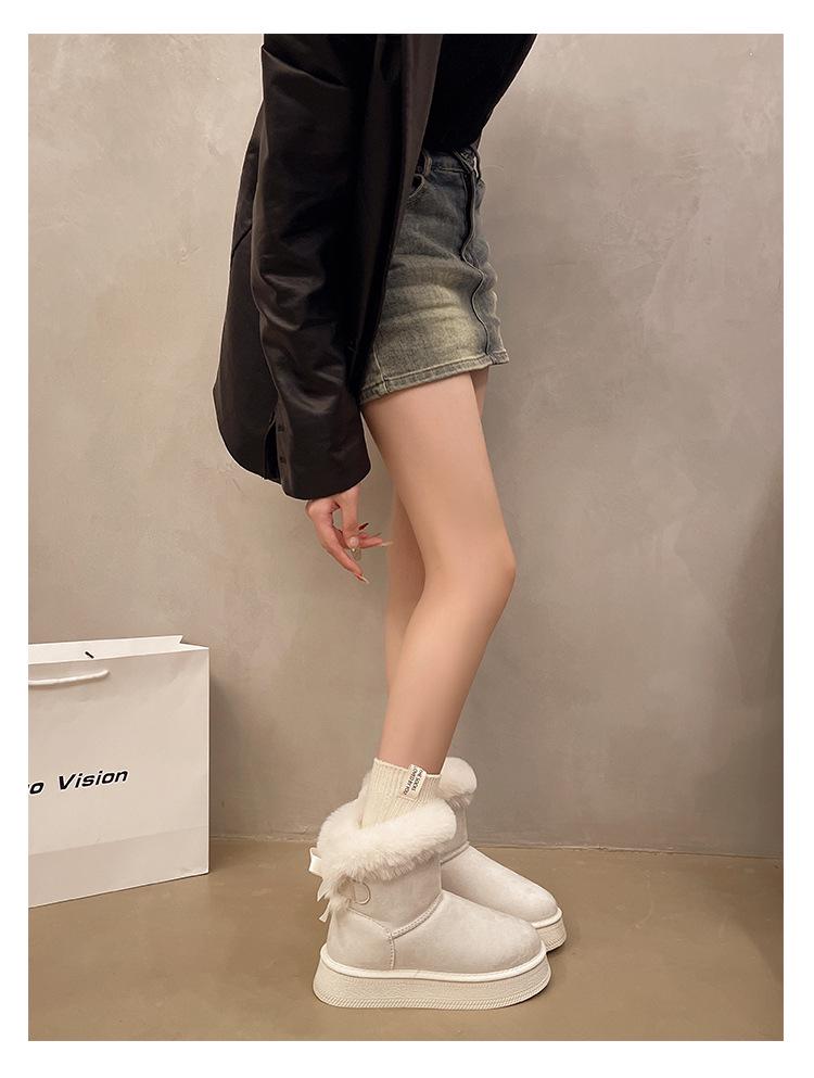 2025 Winter Thick-Soled Fleece-Lined Slip-On Snow Boots with Bow Detail - Warm Plus Size