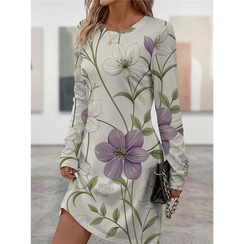 Spring Autumn Women Dress Casual Long Sleeve O-neck 3D Print Loose A-Line Dress Oversized Home Wear Robe