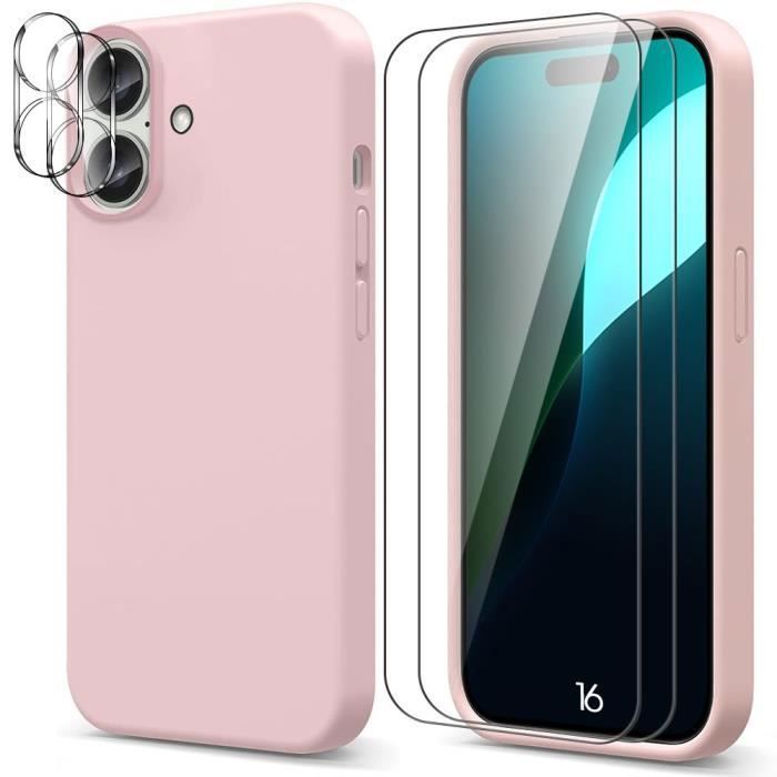 Coque de protection - silicone - iphone 16 - rose - souple - 2 verres trempés inclus