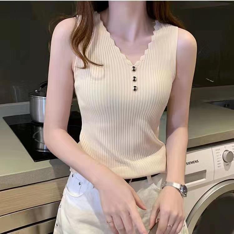 Summer Women's Bottoming Shirt V-neck Sleeveless Ice Silk Camisole Undershirt Sleeveless Knit Tops Vest Loose Elastic