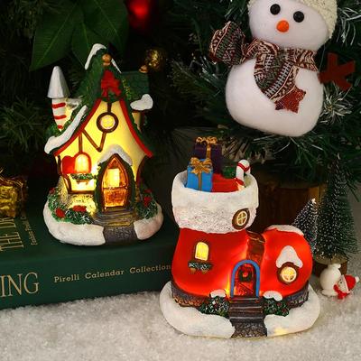 Christmas Village Boots House Christmas Decoration LED Lights Glowing Music House Santa Claus Resin Villa Xmas Gift Ornaments
