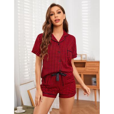 Pijama de verano para mujer, camisa a cuadros, pantalones cortos de manga corta, conjunto de ropa de casa