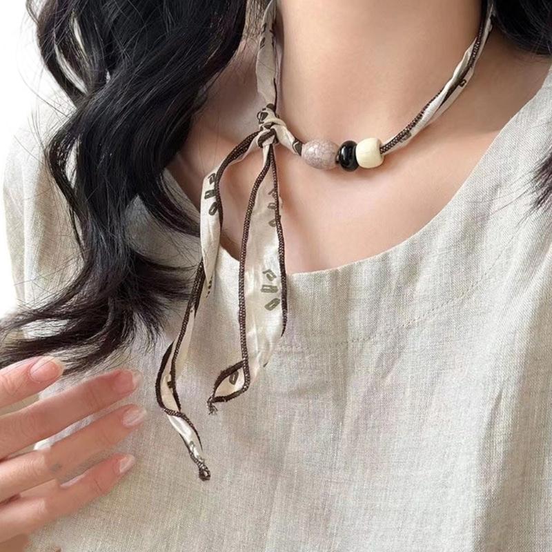 Artistic Retro Fabric Necklace Scarf Neckchain Feature Multicolor Beads Adjustable Length Daily Fashion Jewelry Gift