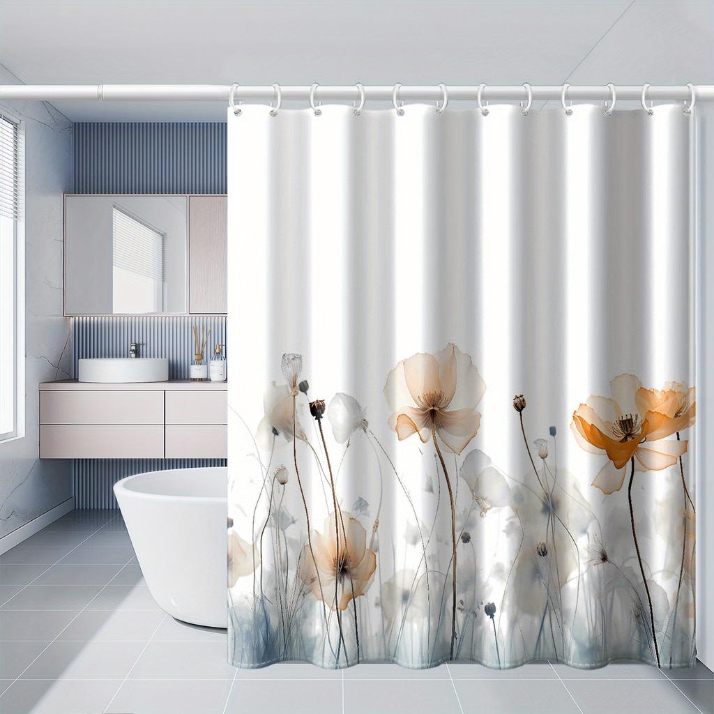 1pc Ink Floral Print Shower Curtain with Hooks, Polyester Fabric, Window and Wall, Bathtub, Bathroom Home Decor Shower Curtain