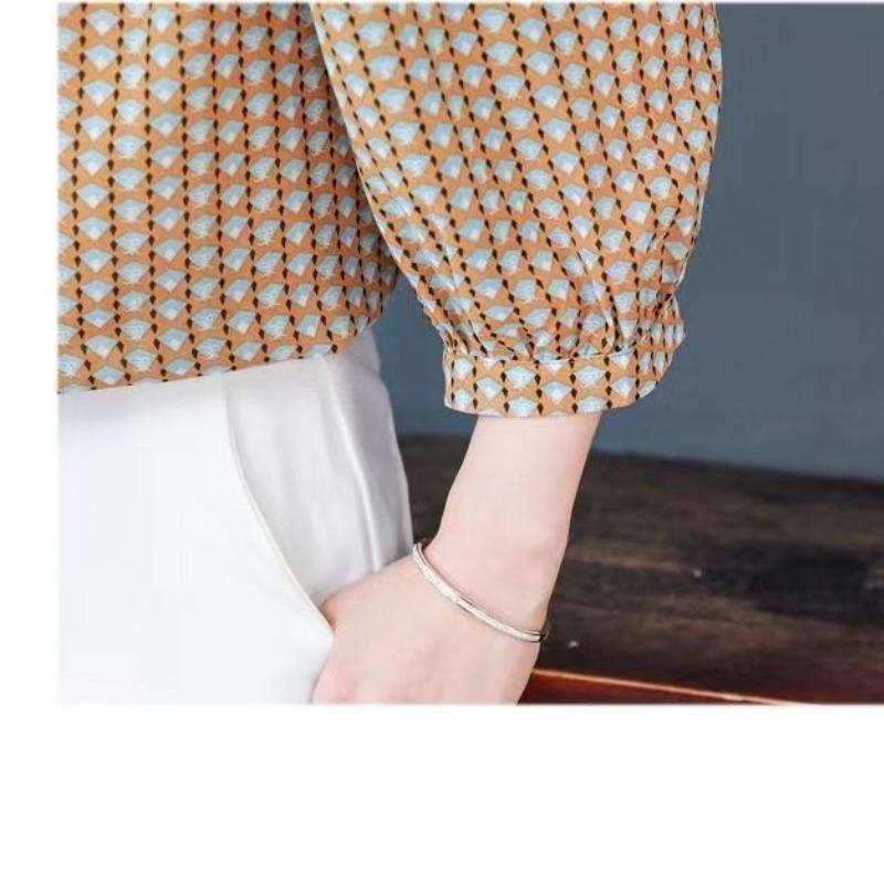 Spring Summer Women's Clothing Round Neck Pullover Button Lantern Long Sleeve Chiffon T-shirt Casual Elegant Fashion Tops