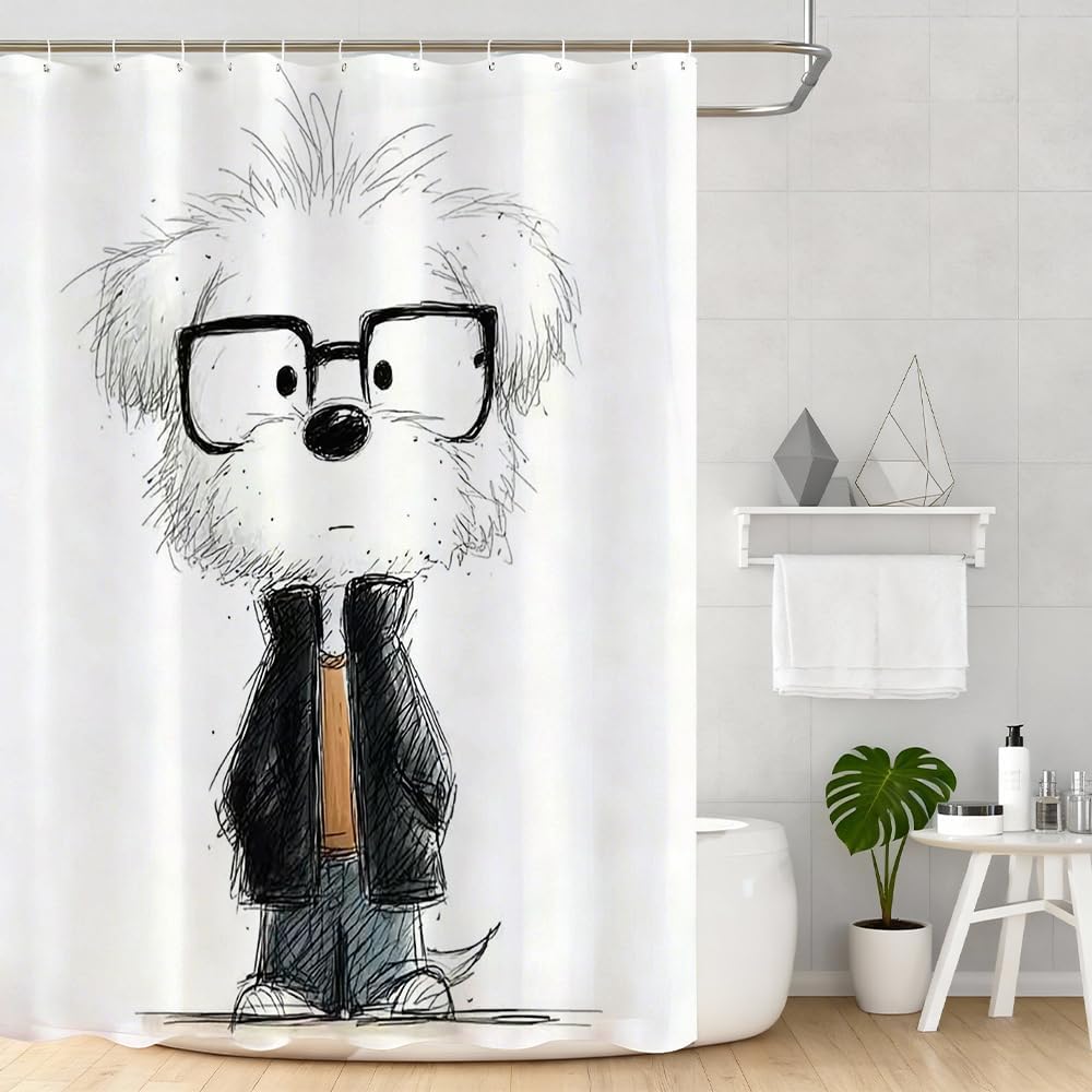 

Sketch Dog Shower Curtain – Cute Glasses-Wearing Cartoon, Whimsical Bathroom Decor 12Pcs Hooks 71X71Inch W60H190(CM)-1 Pcs