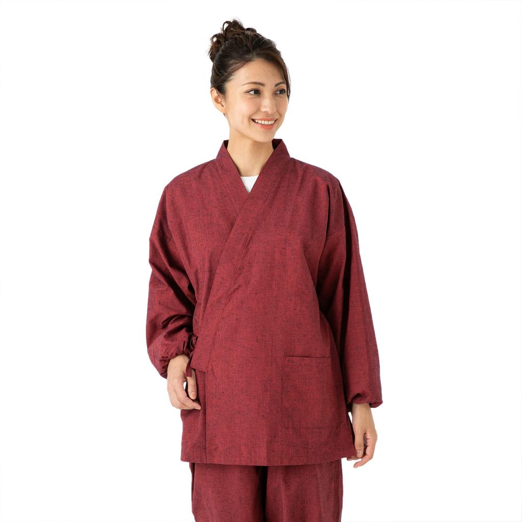Women's Samue (traditional Japanese workwear), Kurume Tsumugi silk weave (L, burgundy)