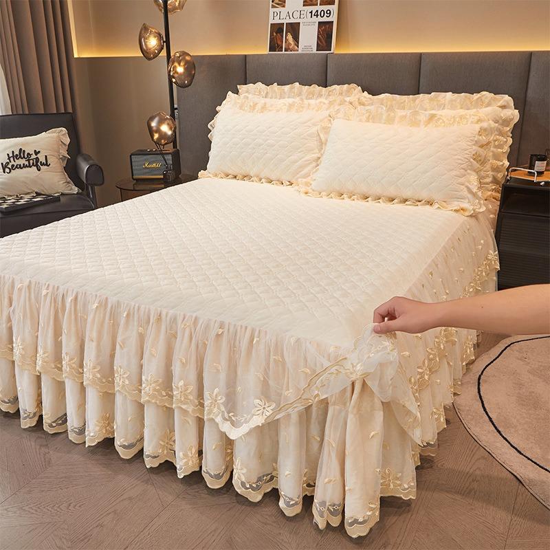 Cotton Padded Velvet Lace Bed Skirt Winter Thick Bed Cover Three Piece Set Single Piece Anti-skid and Anti-static Bed Sheet