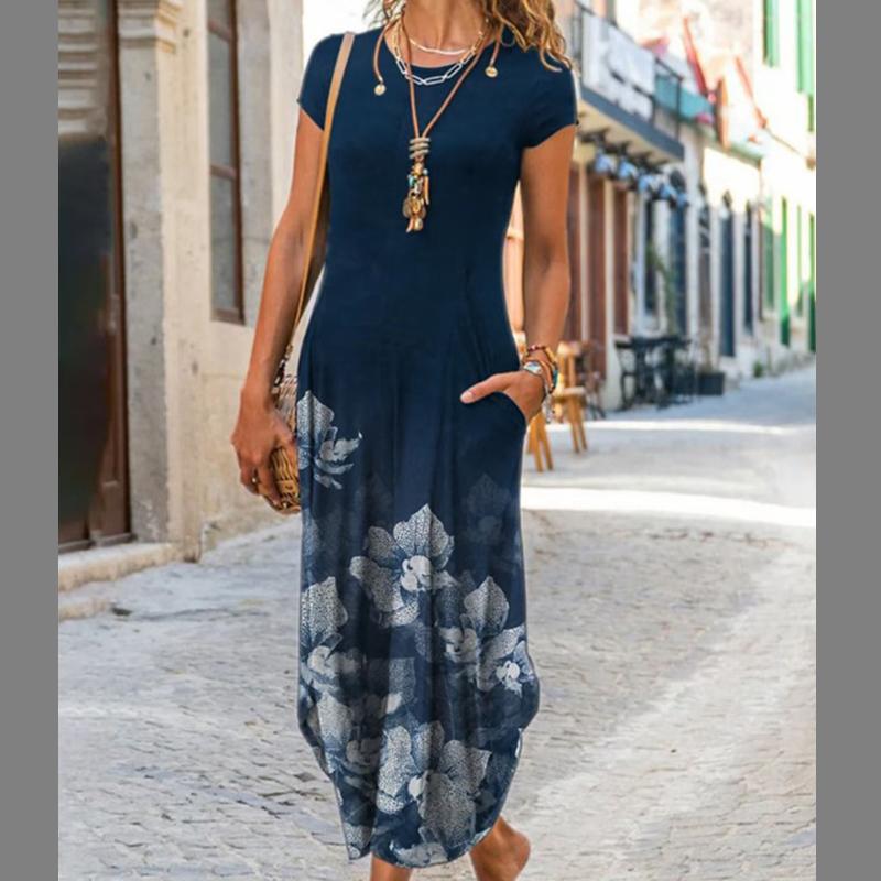 

Европейское и американское женское платье с круглым вырезом и карманами и короткими рукавами с модным принтом L синий