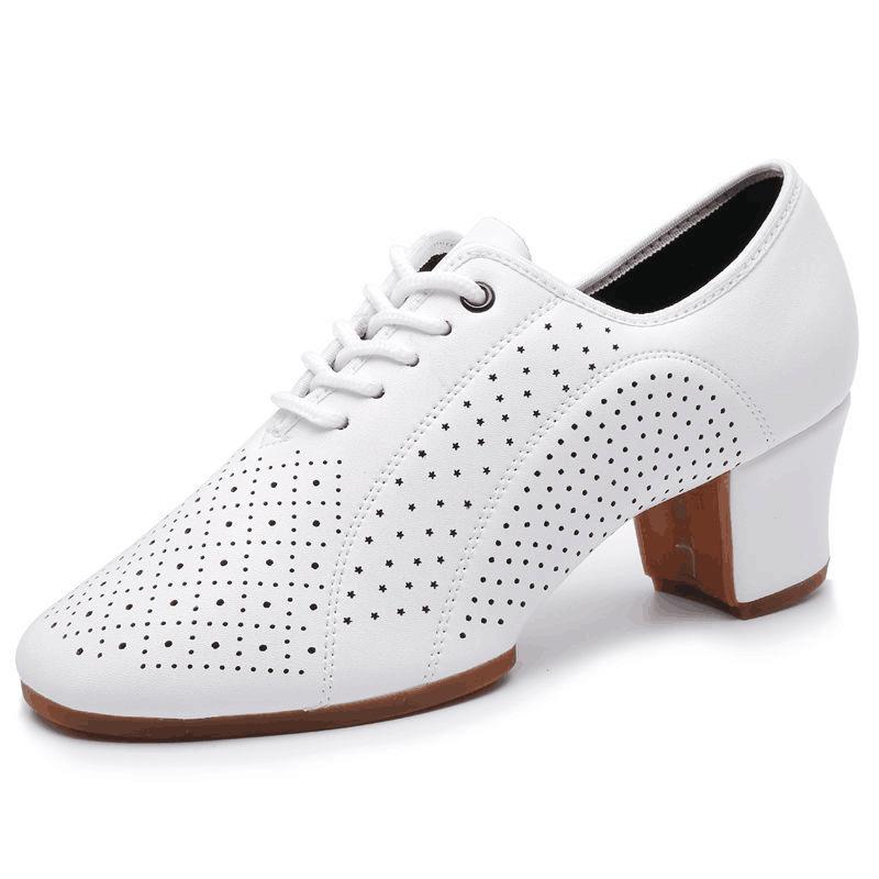New Latin Dance Shoes Women Hollow Out Leather Women Shoes Ballroom Dance Shoes Closed Toe White Rubber Soles