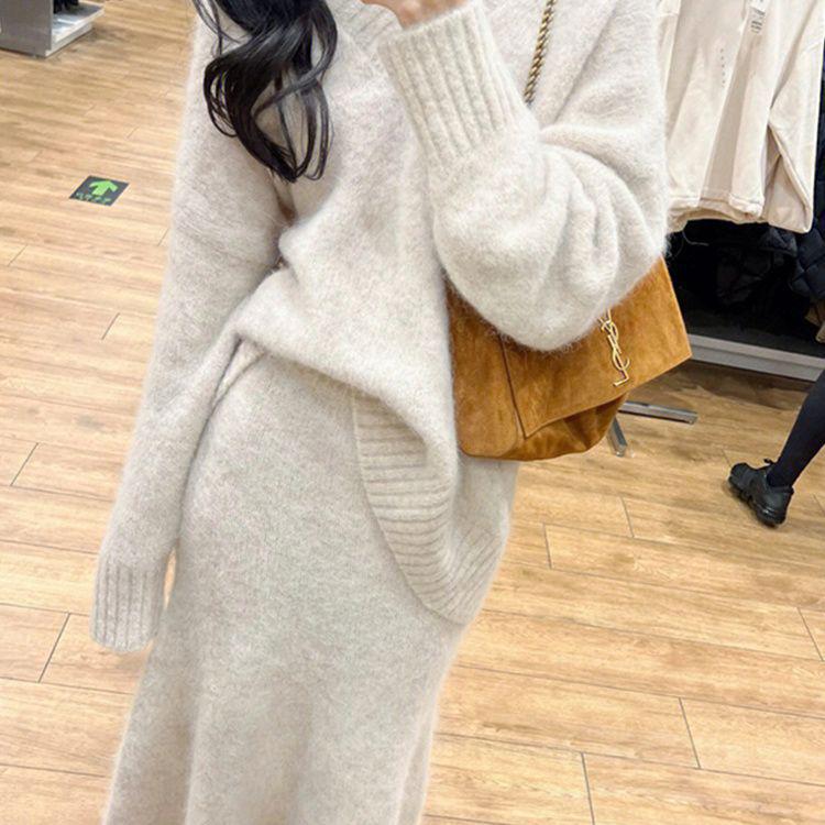 Early Autumn Retro V-neck Sweater Set & Fishtail Midi Skirt for Women