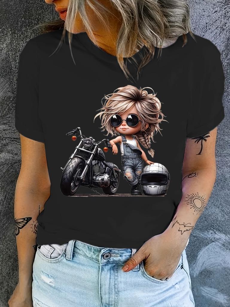 Retro Motorrad Grafik T-Shirt für Damen Elegantes Süßes Design Rosa Frau Kurzarm Print Tee Sommer Rundhals Lässige Tops