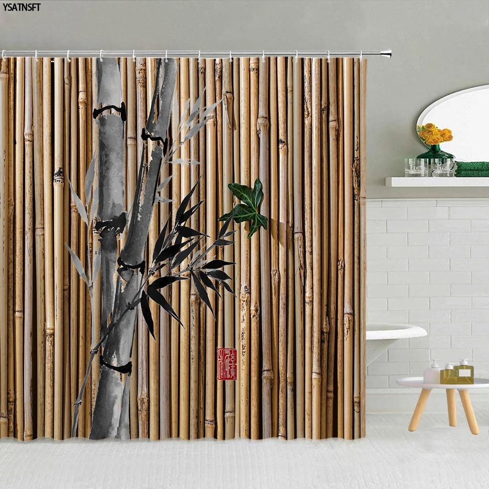 Yellow Green Bamboo Lotus Shower Curtain Bathroom Curtains Plant Flower Natural Scenery Fabric Background Wall Decor Screen Hook