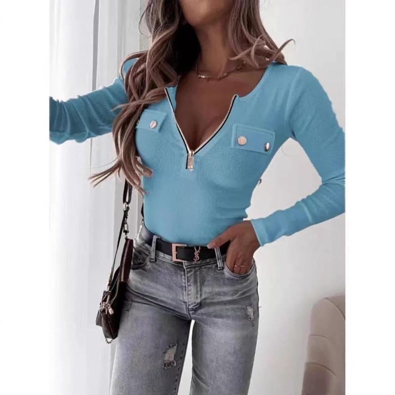 Fashion Knitted Long Sleeve Zipper T-shirt Slim Fit Solid Color Blouse Simple Elegant Spring Summer Casual Simple Tops Basic Shirts