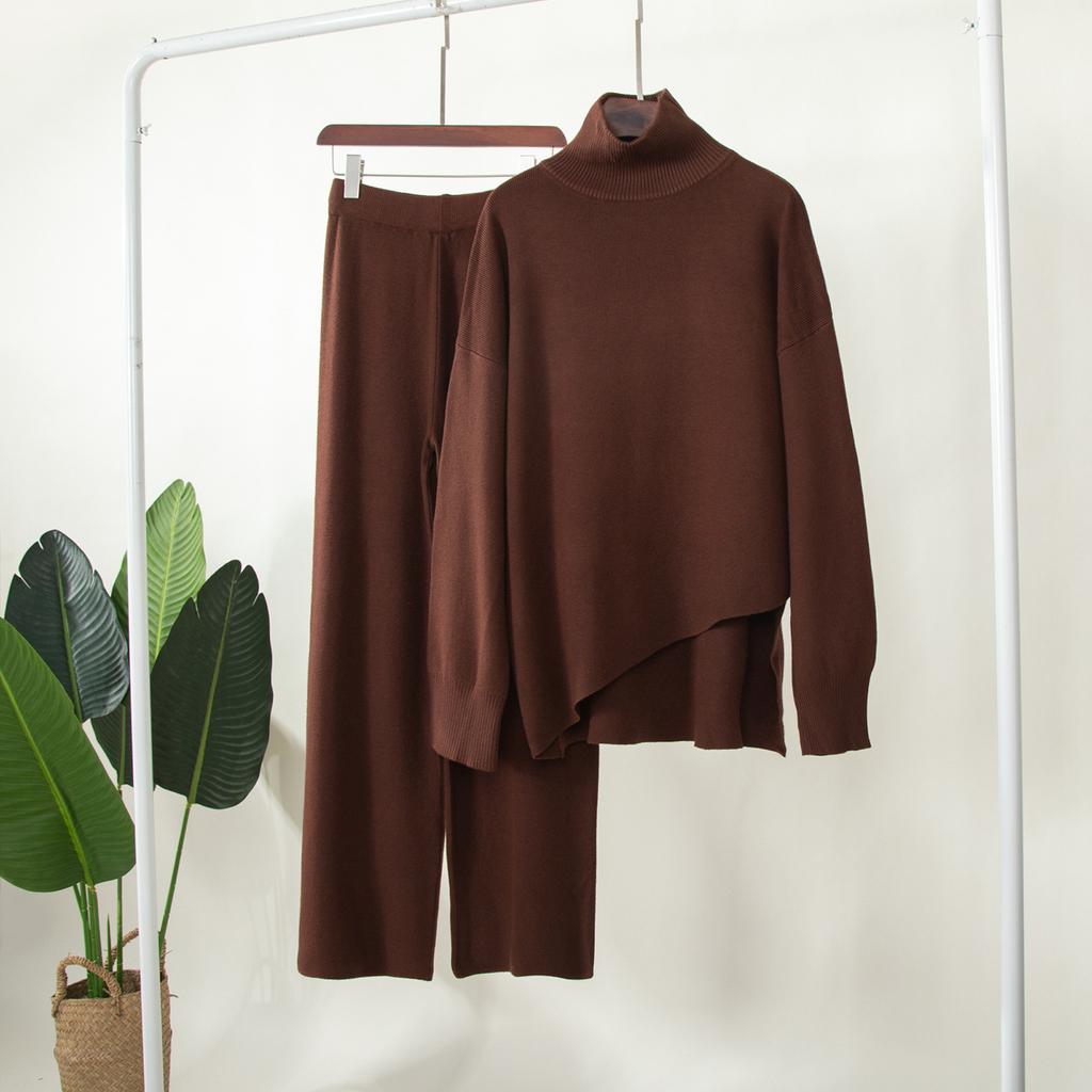 GMXIA Women's Half Turtleneck Sweater Set Irregular Bevelled Sweater + Knitted Wide Leg Pants Two Piece Set