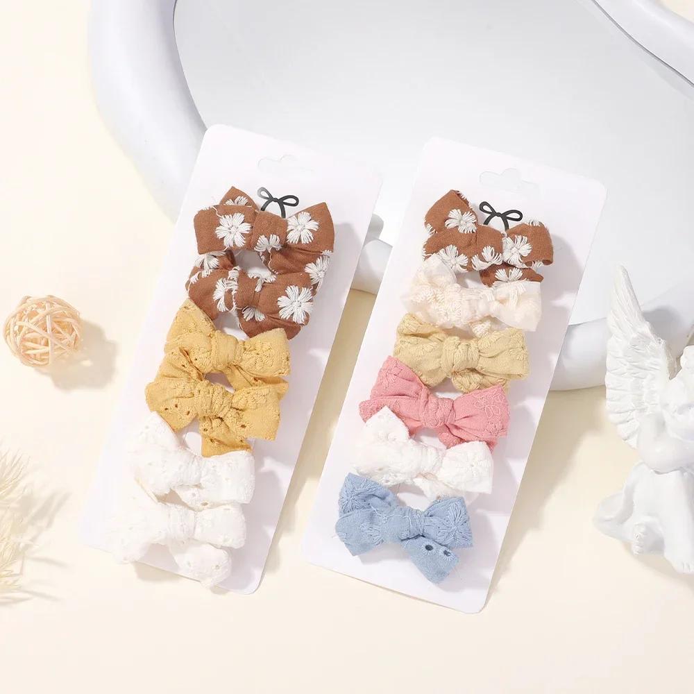 6pcs/set Mini Bow Baby Solid Bowknot Hair Clips Girl Cotton Print Hollow Hairpin Children Sweet Hairgripe Kids Hair Accessories