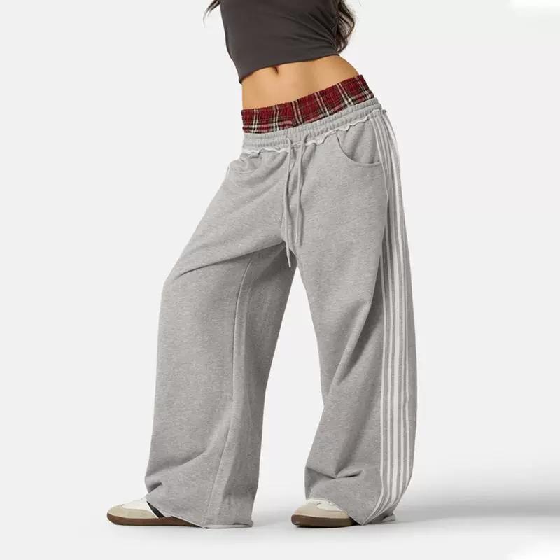 Pantalon style collège rétro américain pour femme Unisexe Coupe ample Ensemble deux pièces avec double ceinture Fausse braguette pour le sport