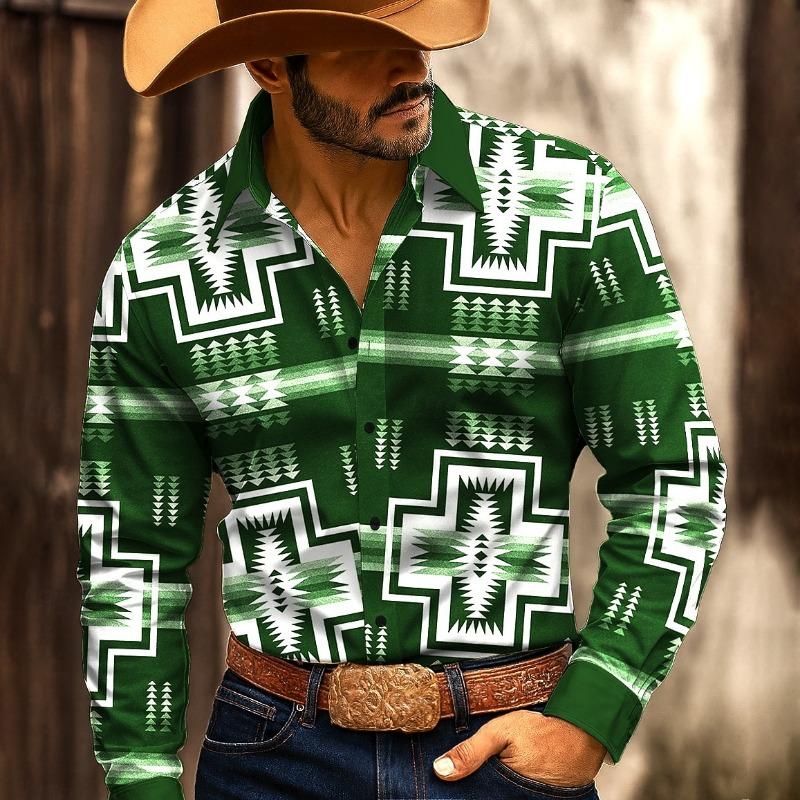 Aztec Geometric Pattern Ethnic Shirt Men s Long Sleeve Shirt Western Shirt Streetwear Casual Comfort Polyester Slim Fit Shirts S