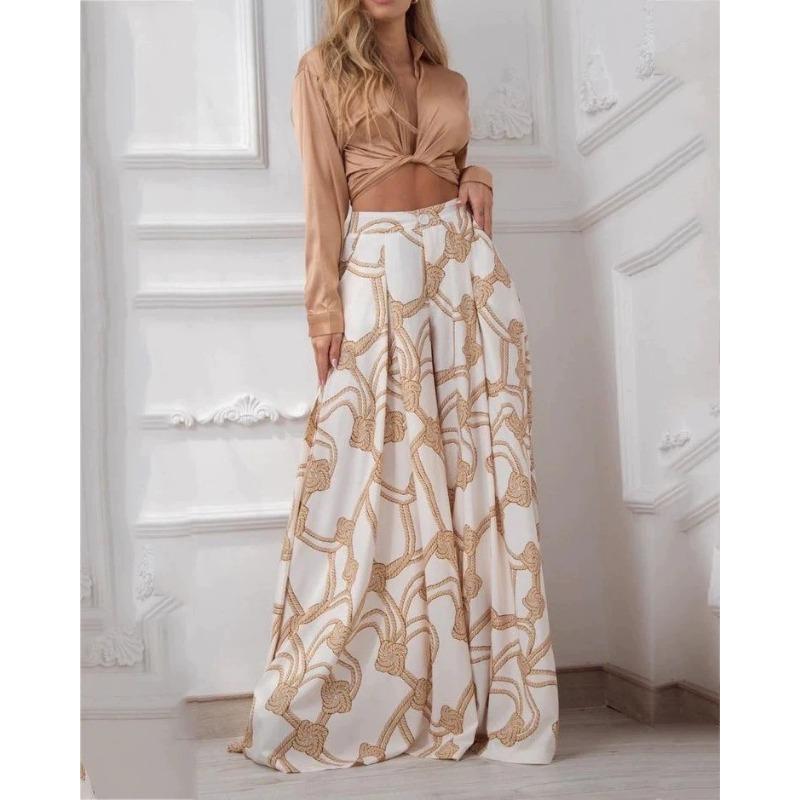 Women's Printed Casual Suit Lapel Sexy Lace-up Shirt. Waist Wide Leg Pants Two-piece Set