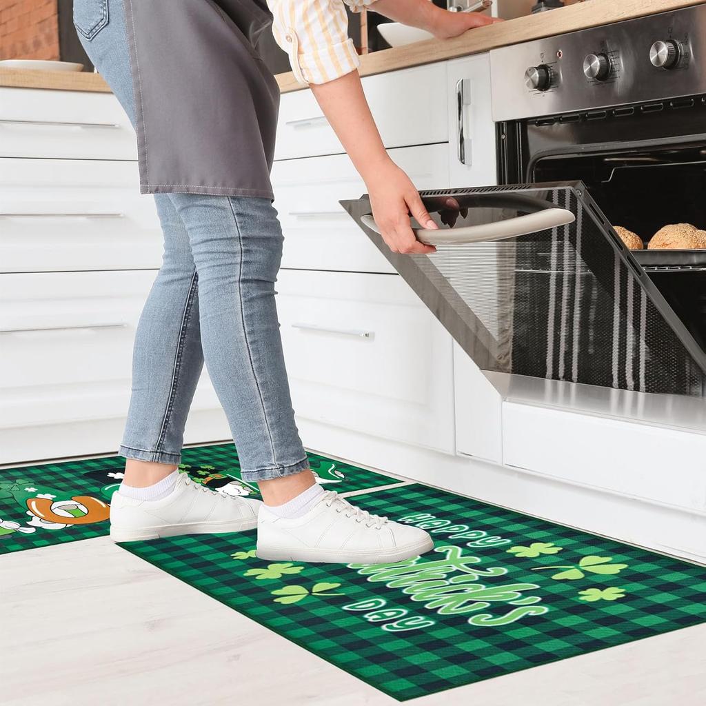 St. Patrick's Day Kitchen Rugs Sets of 2 Lucky Shamrock Gnomes Kitchen Mat St Patricks Day Floor Decorations Non Skid Washable Buffalo Plaid Mats for