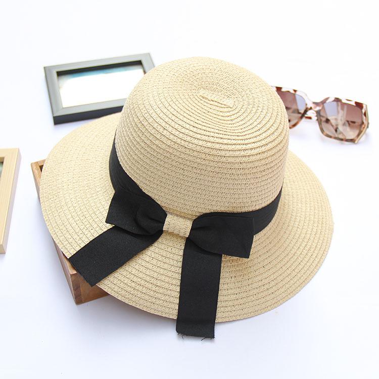 Korean Style Women's Wide Brim Straw Hat - Summer Seaside Bow Sun Protection