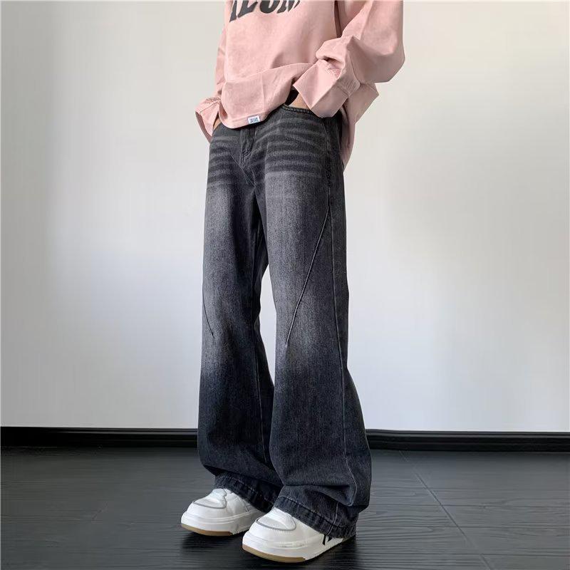 Men's Retro Washed Distressed Flared Wide-Leg Jeans - Trendy Loose Fit for Autumn