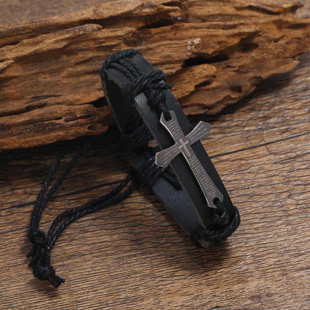 Retro Punk Metal Cross Bible Bracelet Hand Woven Cowhide Leather Adjustable Christian Unisex Jewelry Gift for Men Women