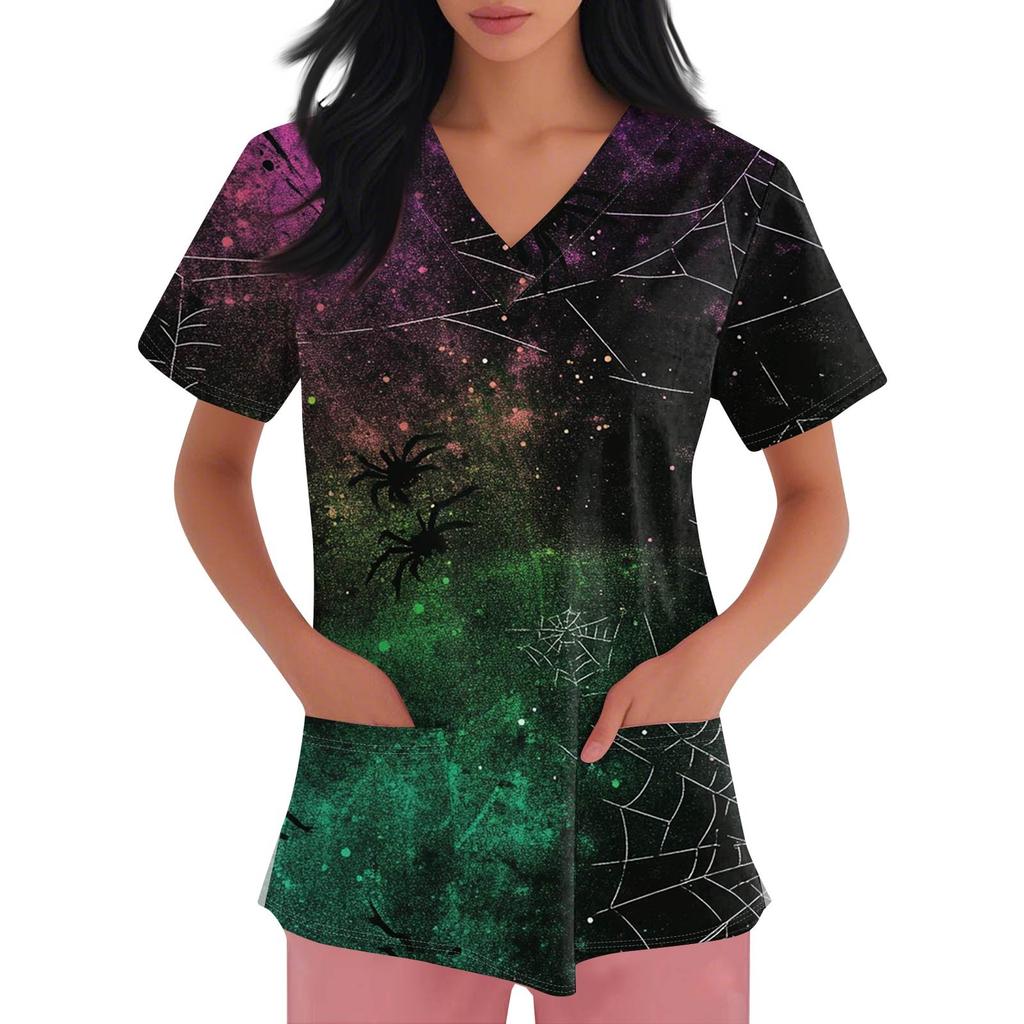 Women's Fashion V-neck Short-sleeved Work Uniform With Pockets, Halloween Print Top