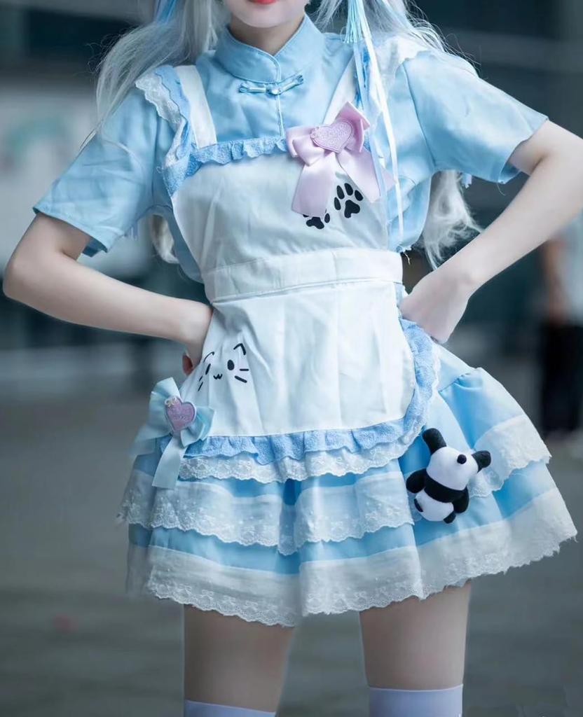 QOOLY Cosplay Maid Dress, Lolita Costume, Short Sleeves, Uniform, Light Blue, Size L