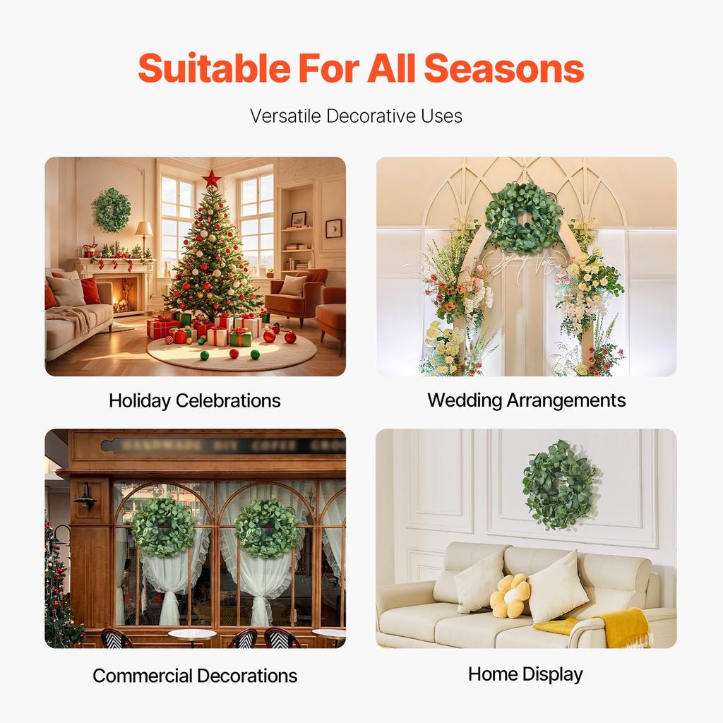 VEVOR Artificial Decorative Wreath, 26 In, Green, Decorated with Eucalyptus Leaves, Berries, Thorny Stems