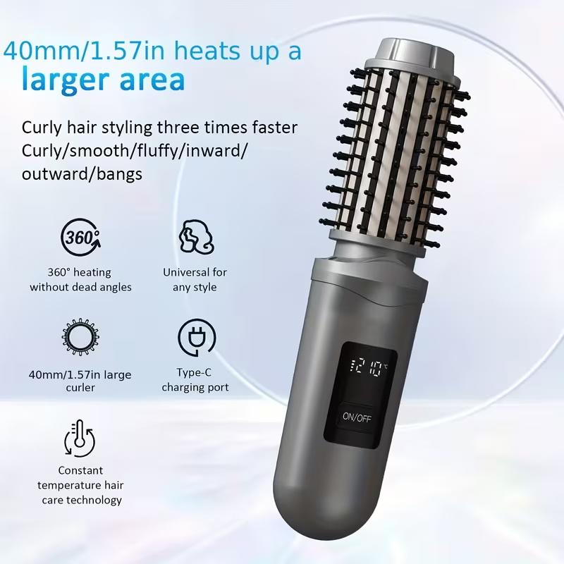 Cordless Hair Curling Iron Brush Usb Rechargeable Travel Heated Round Brush 2-In-1 Electric Hair Curling Wand Styling Tools