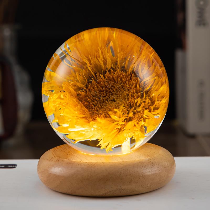 Dandelion Crystal Ball Night Light with Preserved Flower