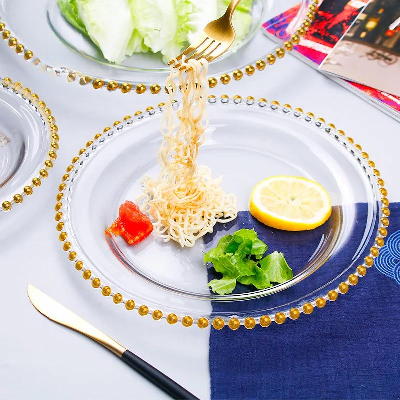 Household Crystal Glass Plate Creative Golden Trim Pearl Plate Fruit Plate Western Pallet European Transparent Dinner