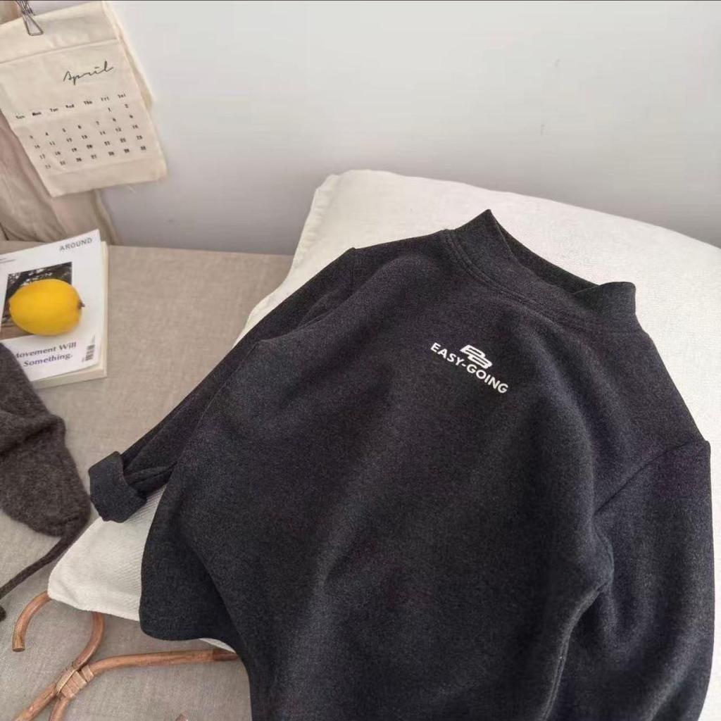 Unisex Kids Plush High-Neck Long-Sleeve T-shirt, Double-Sided, Autumn/Winter Hot Seller, Medium/Large Children's Base Layer Top