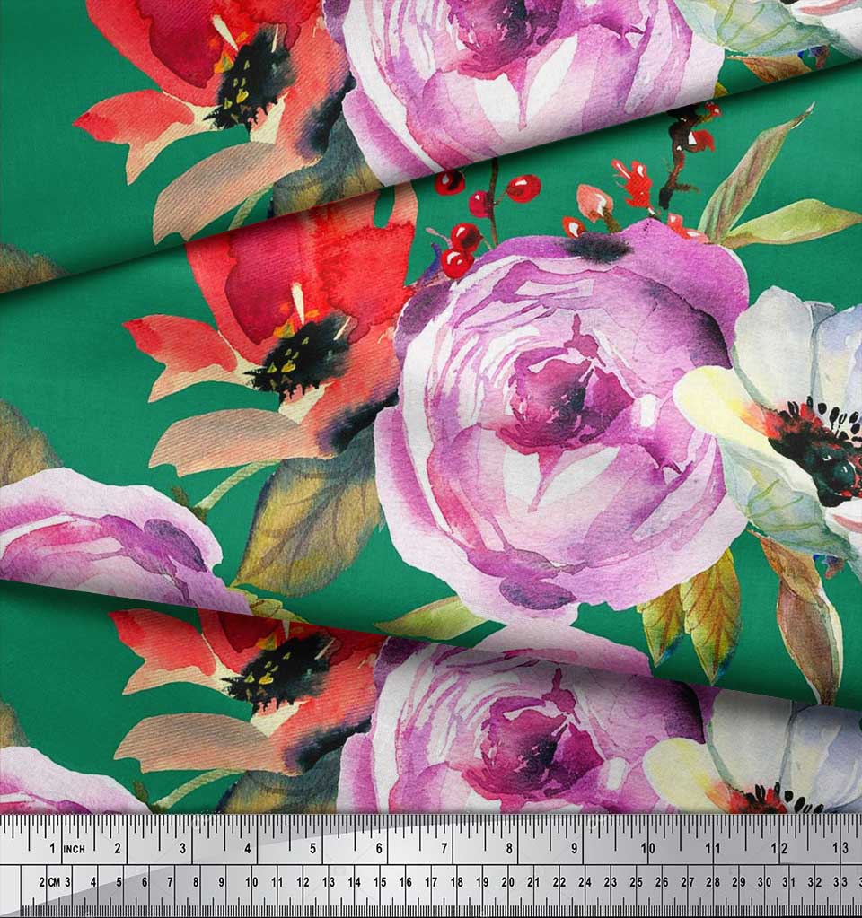 Soimoi Japan Crepe Satin Fabric Leaves,Poppy & Peony Flower Decor Fabric Printed Metre 42 Inch